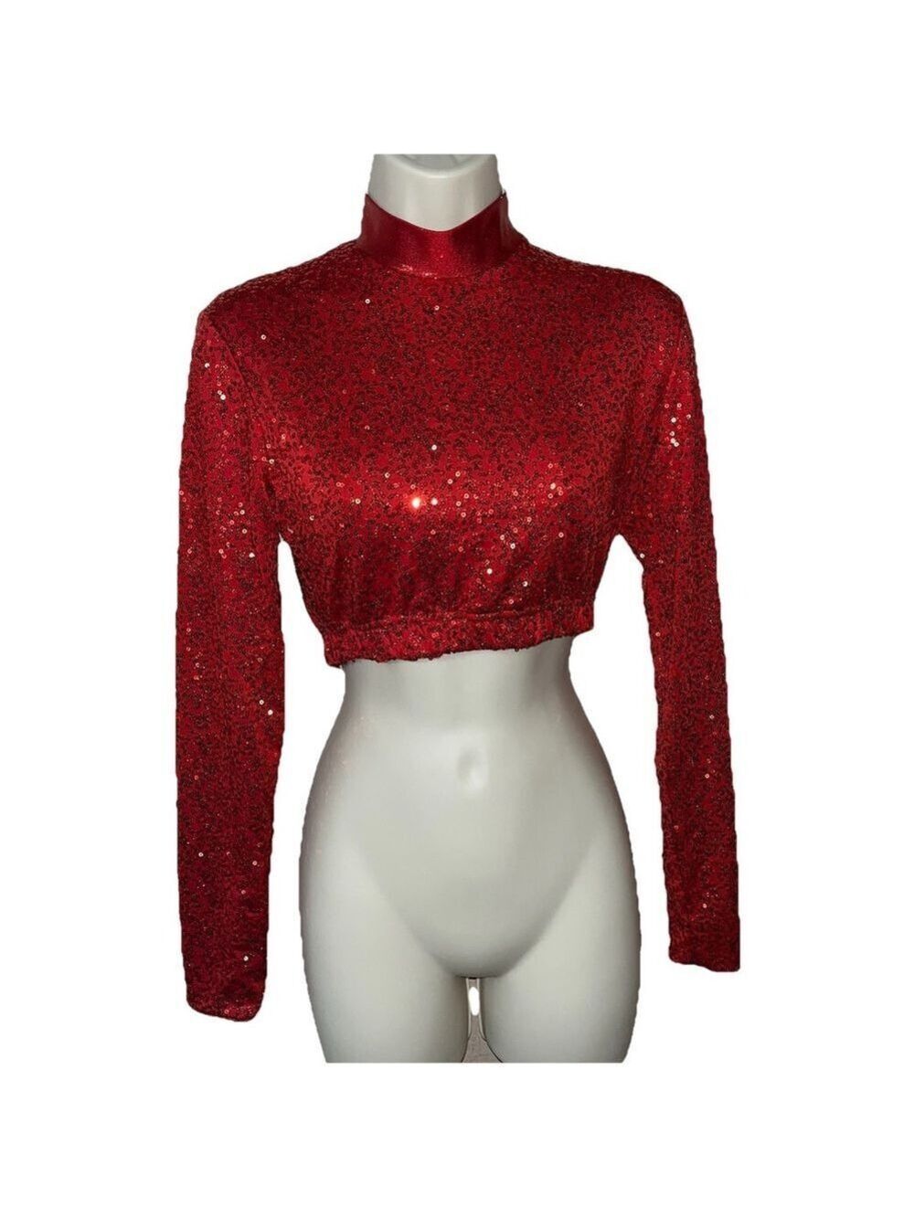 Girls Red Sequin Mock Neck Crop Top Dance Costume Long Sleeve Sz Med 8/10 Zipper